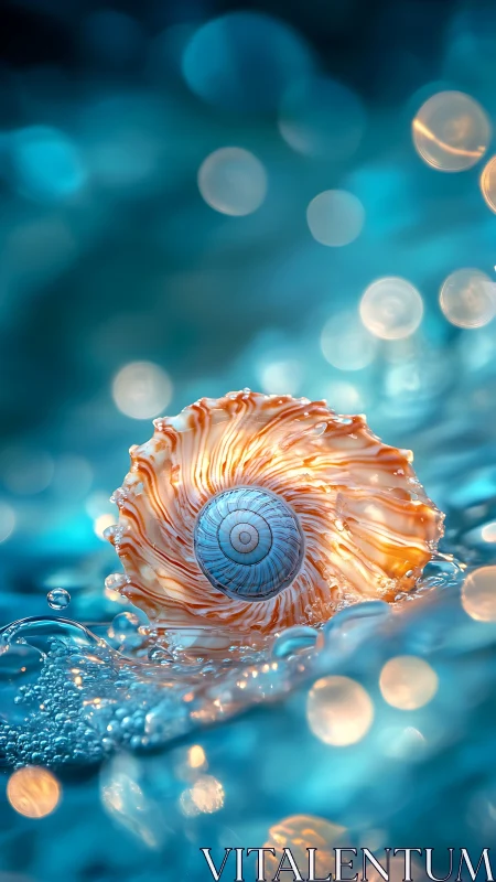 Glistening seashell dancing in dreamy teal ocean light.