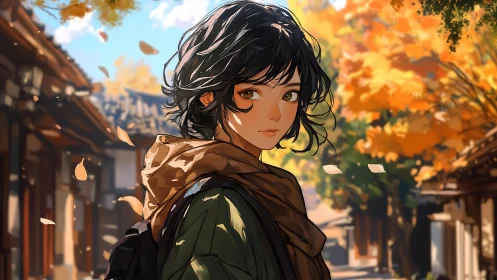 Autumn traveler gazes back on a quiet, leaf-lined street.