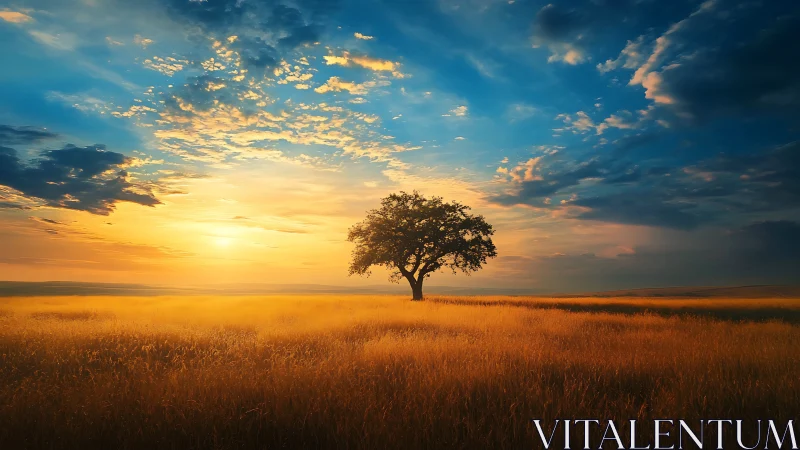 Solitary tree in golden wheat field under dramatic sunrise sky