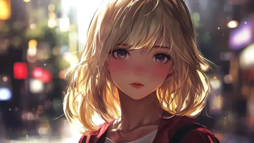 Blonde anime girl under neon night lights, soft bokeh glow.