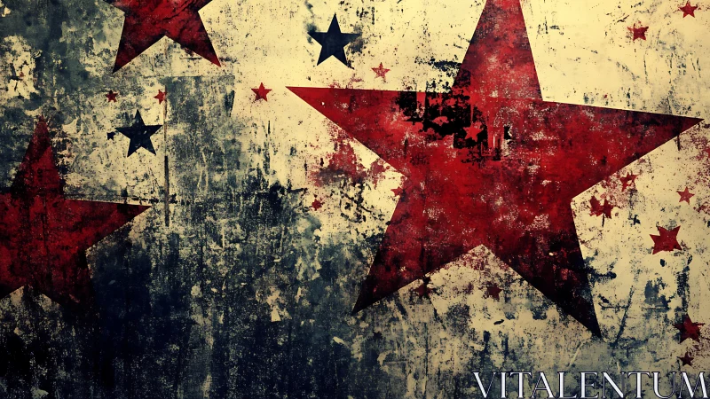 Weathered red star graffiti spreads across distressed wall surface.