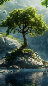 Solitary tree on rocky islet above calm reflective water.