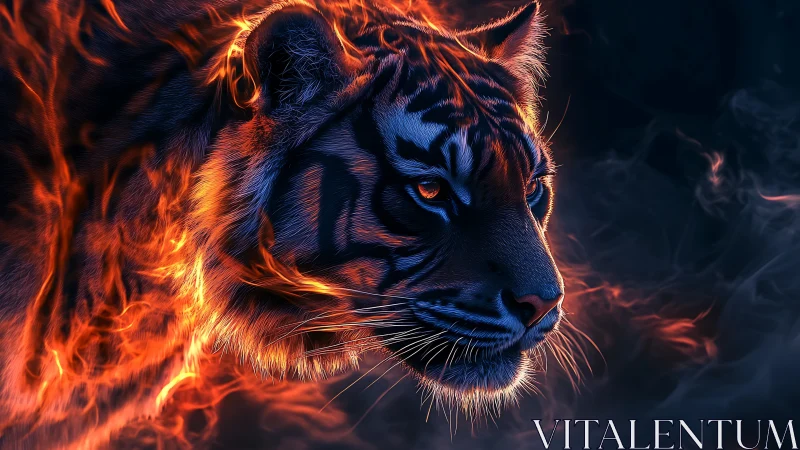 Fiery tiger portrait merges molten light with shadowed smoke