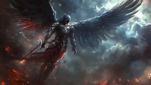 Armored fallen angel descends amid storm and fire.
