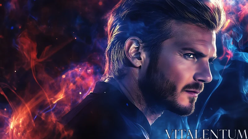 Intense male portrait set in contrasting fire and smoke.