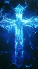Luminous electric blue cross on dark abstract background.