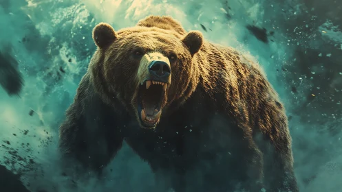 Stormlit grizzly bellows forward through teal shattered frost