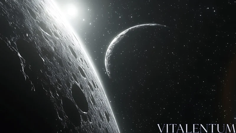 Crescent planet rises beyond cratered moon in silent starlight