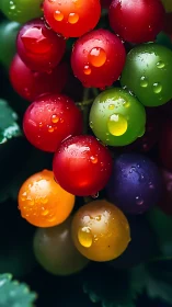 Multicolored grape cluster shows surface moisture and lighting