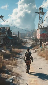 Lone armored wanderer crossing sunlit post‑war shantytown.