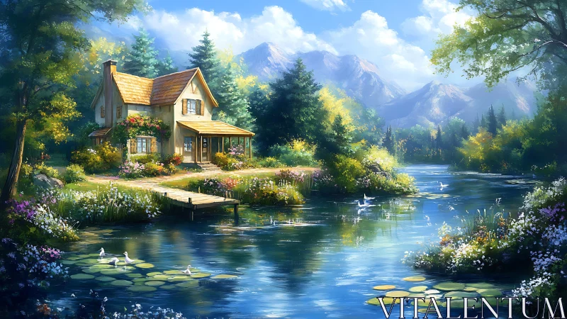 Sunlit riverside cottage landscape with reflective water surface