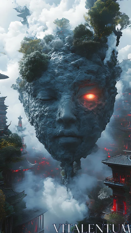 Massive stone face with foliage hovering over misty cityscape.