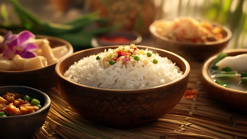 Wooden bowl of steamed rice with colorful side dishes.