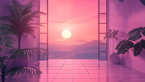 Sunset view through open terrace with interior plants.