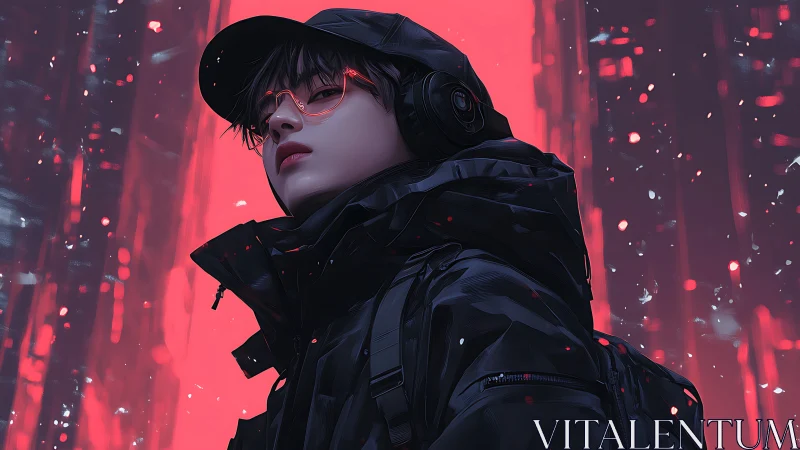 Neon-lit urban portrait of hooded listener in high-contrast red