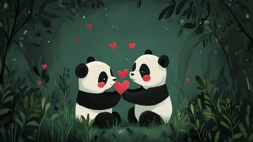 Stylized digital illustration of two pandas sharing hearts