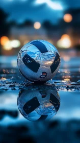 Chrome soccer ball reflects city lights in a rainy dusk street