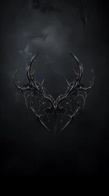 Symmetrical dark metal emblem forms antlered crest in void