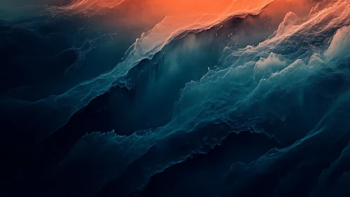 Crimson light ignites deep teal waves in abstract seascape.