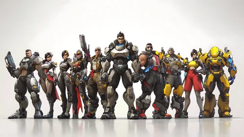 Armored sci fi task force lineup with diverse exosuit variants