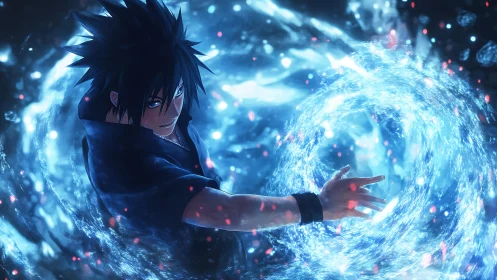 Anime sorcerer unleashing swirling blue energy vortex
