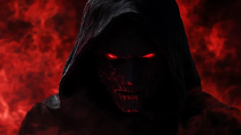 Hooded skeletal figure with glowing red eyes in smoke.