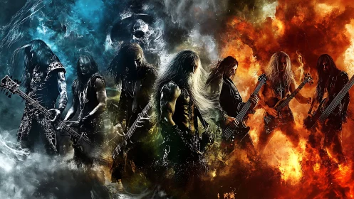 Electric guitar performers stand amid contrasting fire and smoke