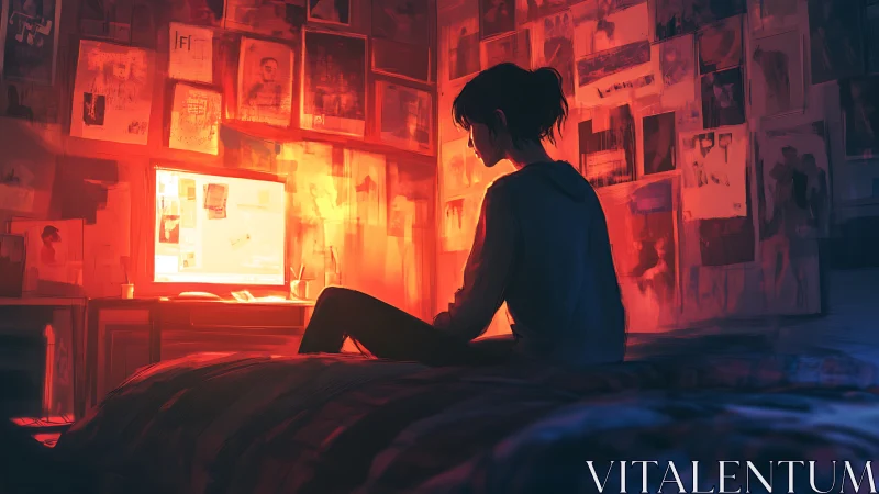 Solitary silhouette by glowing computer in red-lit room.