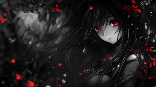 Dark forest anime girl with crimson glowing eyes and petals.