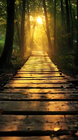 Golden Wooden Pathway Through Sunlit Forest