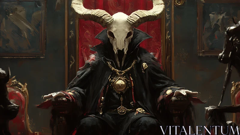 Horned skeletal figure seated on ornate crimson throne.