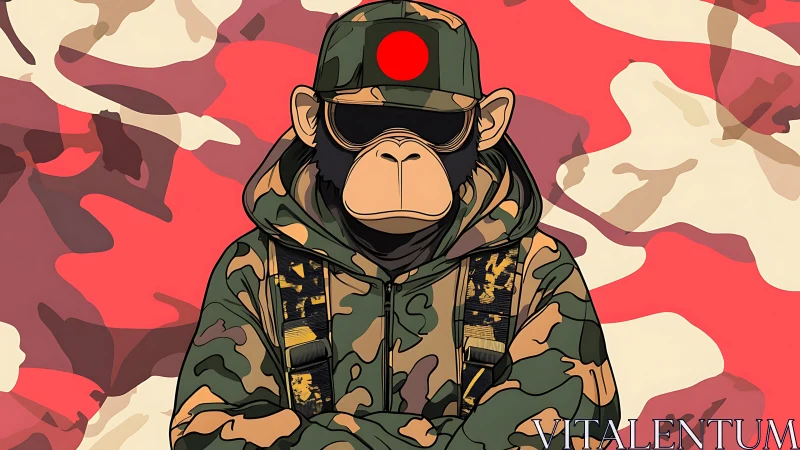 Camouflage-clad monkey soldier in stylized flat vector art
