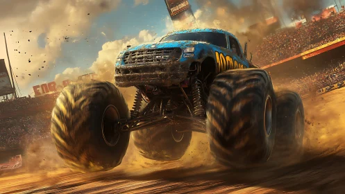 Monster truck roars through dusty arena in explosive motion