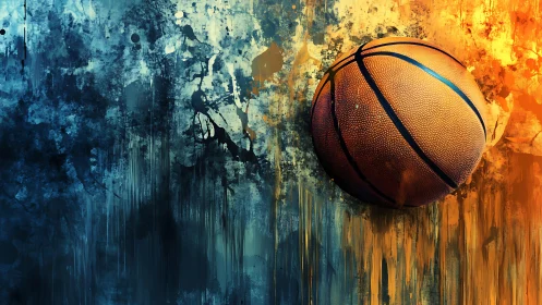 Bold basketball bursting through vivid blue and orange paint.