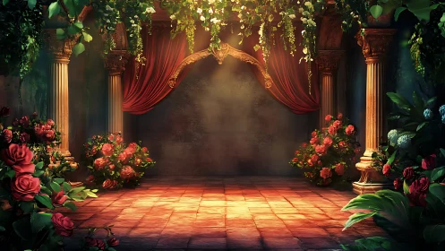 Enchanted floral stage beneath crimson draped archway.