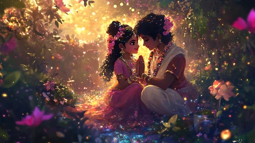 Two souls dance in golden light and blossoms