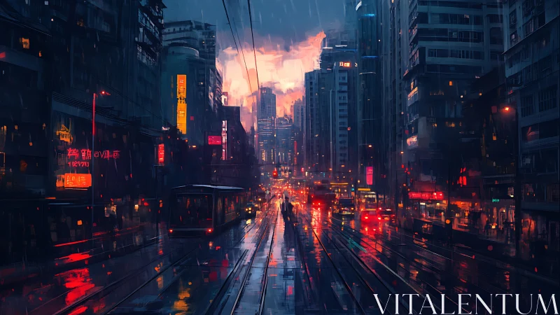 Rainy neon city street with trams and tall buildings at dusk.