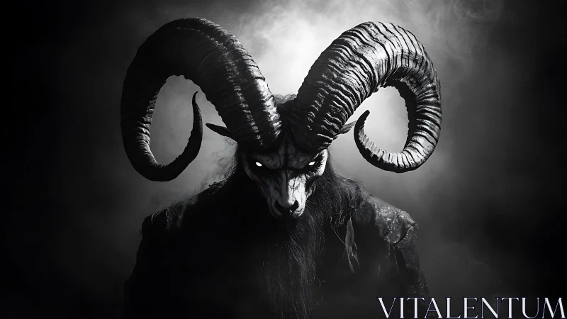 Demonic horned creature in dark smoky monochrome portrait.