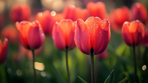 Red tulips with water droplets photographed in natural daylight conditions.