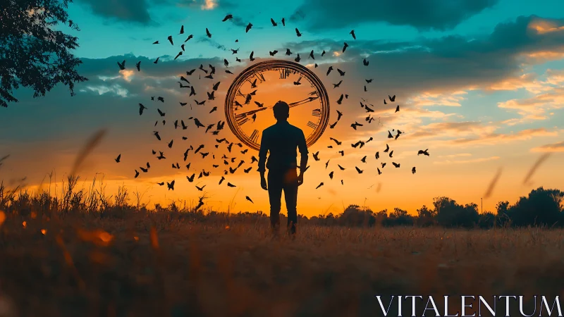 Golden hour wanderer meets a swirling clock of birds in sky