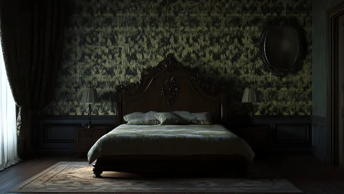 Moody classic bedroom glows with soft, cinematic window light