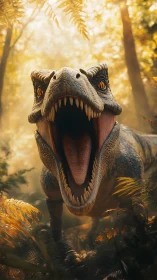 Roaring theropod dinosaur close-up in misty golden forest