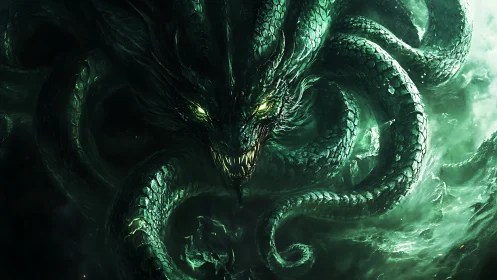 Serpentine sea monster with glowing eyes and coils poised.