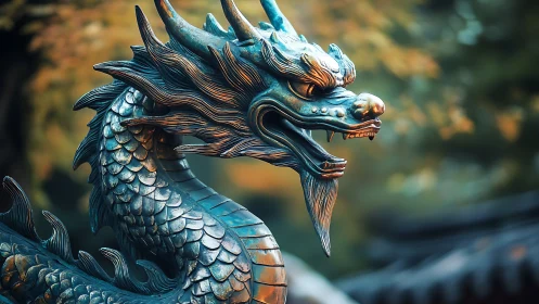 Bronze dragon sculpture with detailed patina and directional lighting