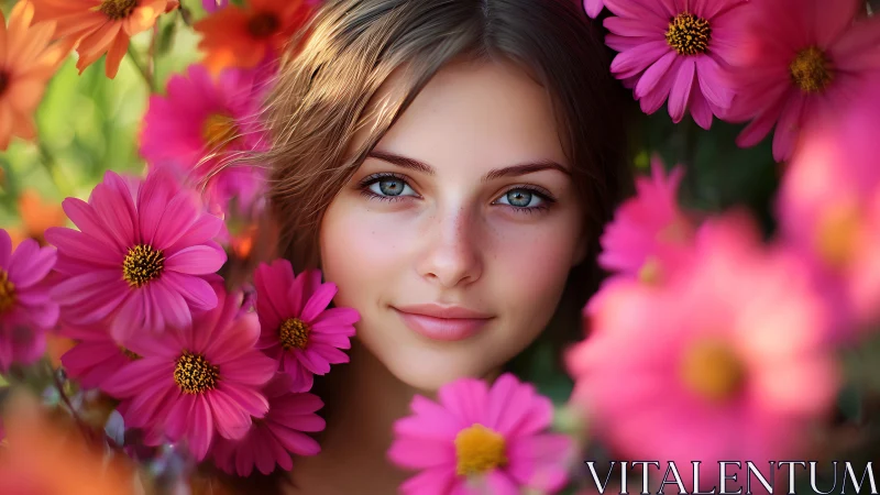 Portrait surrounded by vibrant pink flowers.