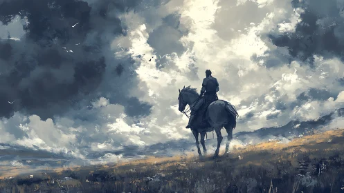 Lone rider surveys stormlit plain beneath vast sky.