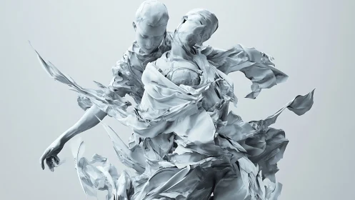 Abstract dancers emerge from swirling sculpted fabric forms