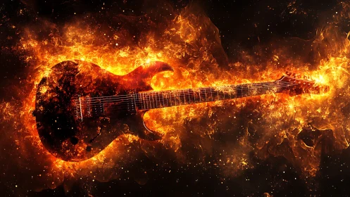 Electric guitar rendered engulfed in intense digital flames