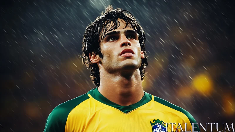 Rain-lit midfielder studies the storming stadium lights