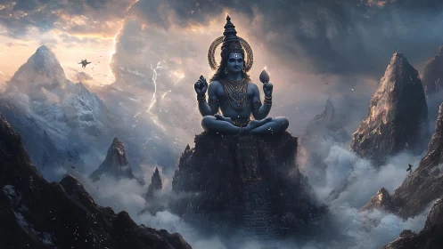 Mountain god meditating above storm crowned in cosmic light.